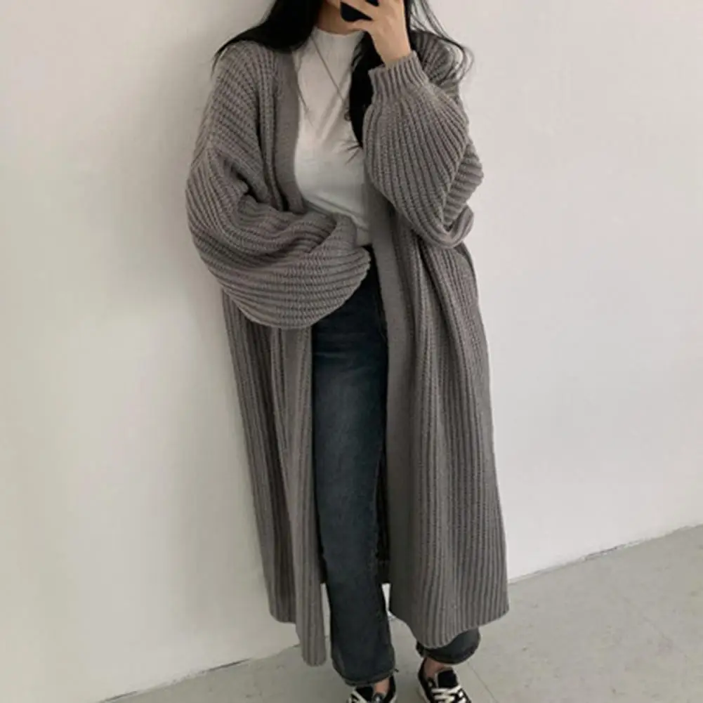 

Women Sweaters Long Sleeve Long Cardigan Pure Color All-matched Lantern Sleeve Ribbing Knitted Coat Autumn