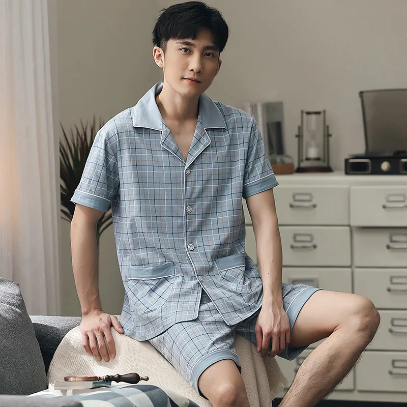 Men Shorts Pajamas 100% Cotton 2 Pieces Fashion Sleepwear Pijama Man's Bedgown Home Clothes PJ Plaid Pure Cotton Pajamas Summer
