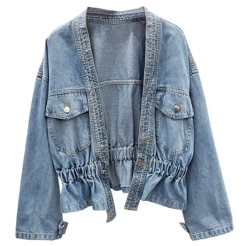 

IEQJ Fit Korean Style Slim Waist V-neck Two Button Design Loose Short Denim Jacket New Women Coat Fashion Autumn 2021 3F1352
