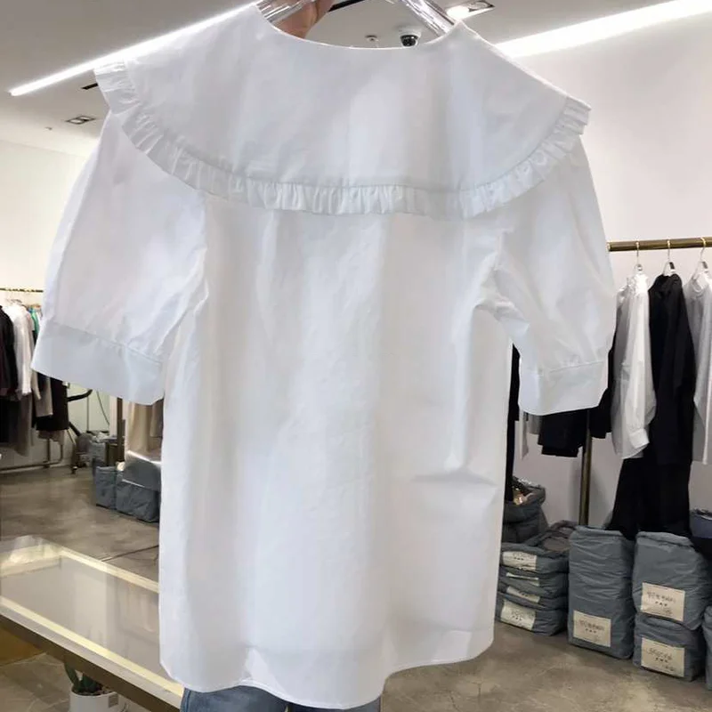 

Summer Sweet Peter Pan Collar Blouse Woman Shirts Single Breasted Short Sleeve Tops Women Age-reducing 2021 New Blusas Mujer