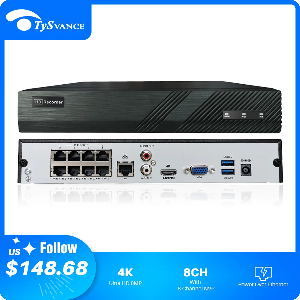 Сетевой видеорегистратор 4k 8ch POE NVR H.265 сетевой 1 HDD 24/7 записывающая IP камера P2P для