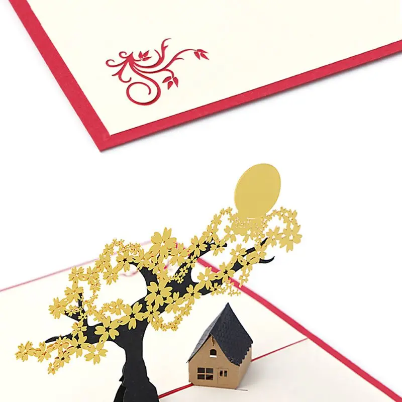 

3D Pop UP Holiday Greeting Cards Cherry Tree House Christmas Thanksgiving Gift