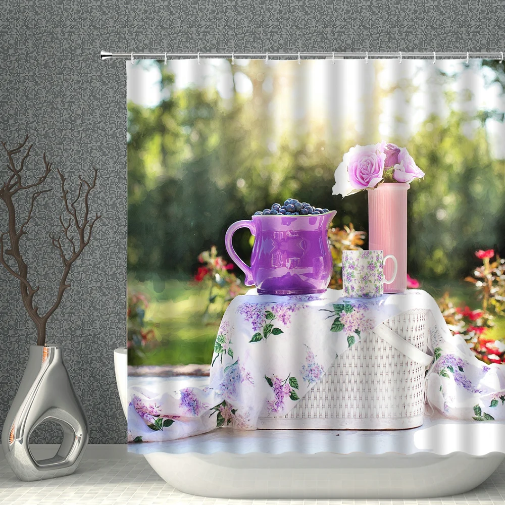 

Modern Art Creativity Shower Curtain Landscape Flower Plant Printing Waterproof Polyester Fabric Household Decoration With Hook