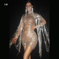 sparkly silver rhinestone sequin tassel mini dress sexy women bar party dance clothes birthday nightclub designer dresses runway
