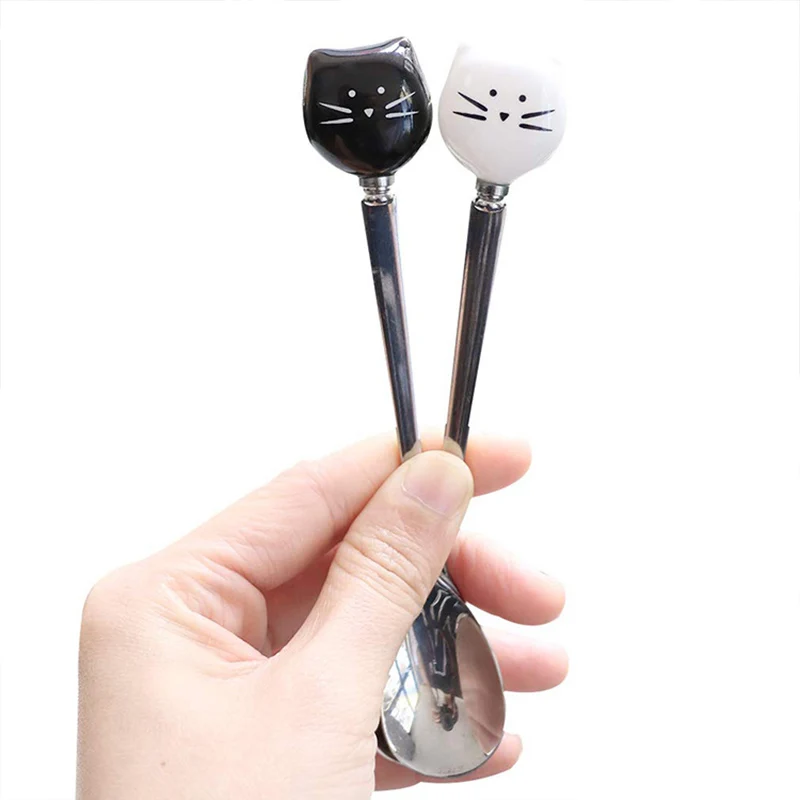 

Creative Cartoon Stirring Spoon Coffee Black White Ceramic Cat Head Spoons Stainless Steel Children's Cute Coffee Milk Teaspoon