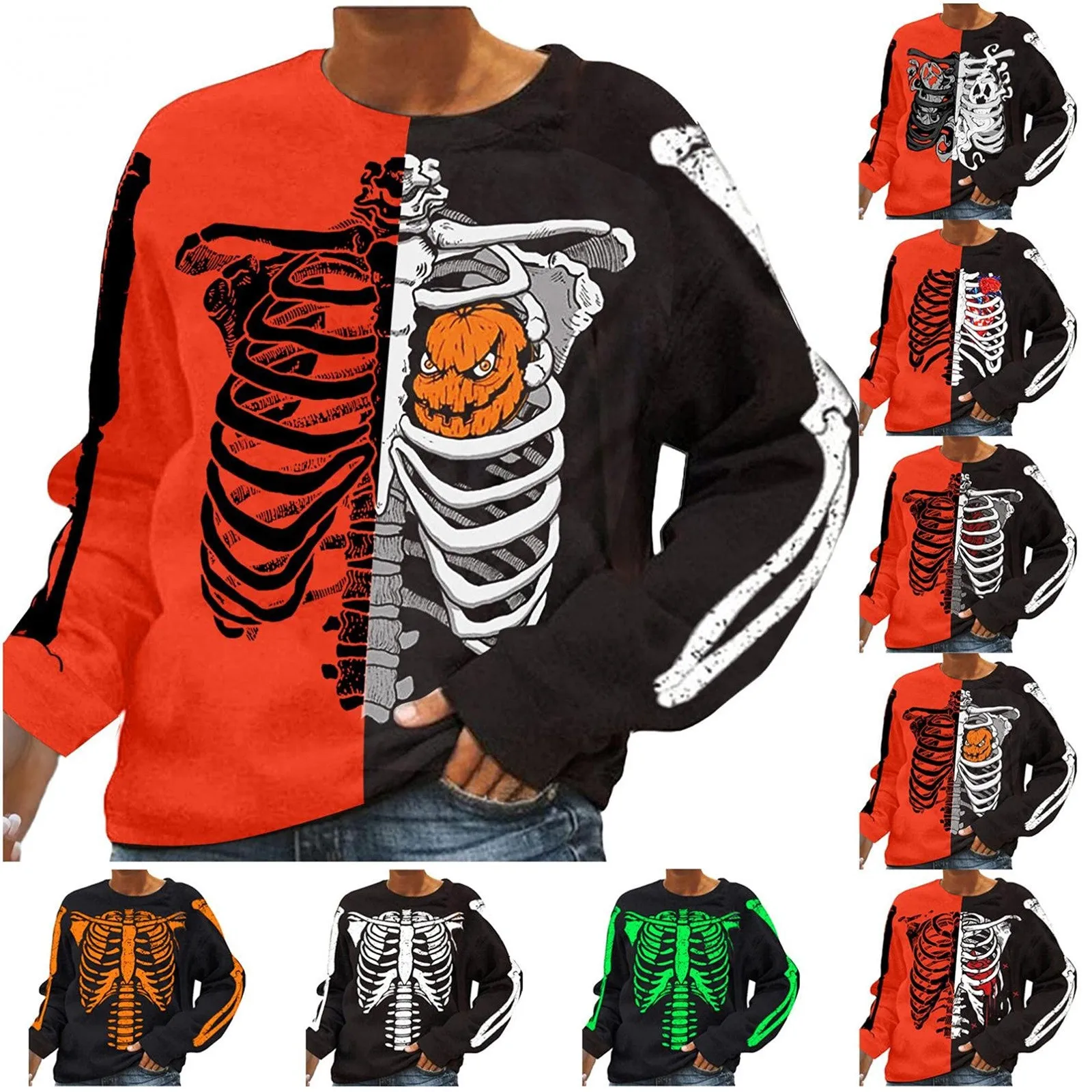 

2021 New Women's Casual Halloween Skeleton Funny Print Sweatshirt Comfy Loose Crewneck Long Sleeve Autumn Pullover Tops