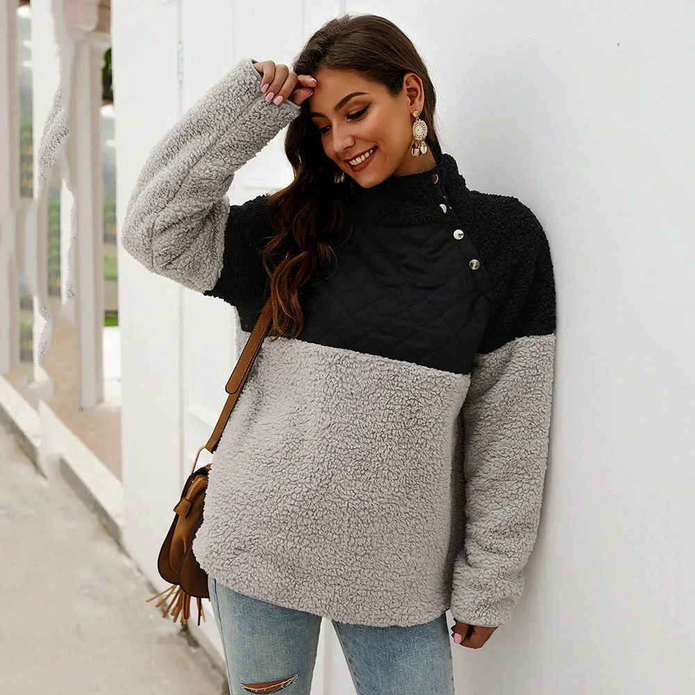 Осенние повседневные женские толстовки с капюшоном Теплые Топы серые Лоскутные