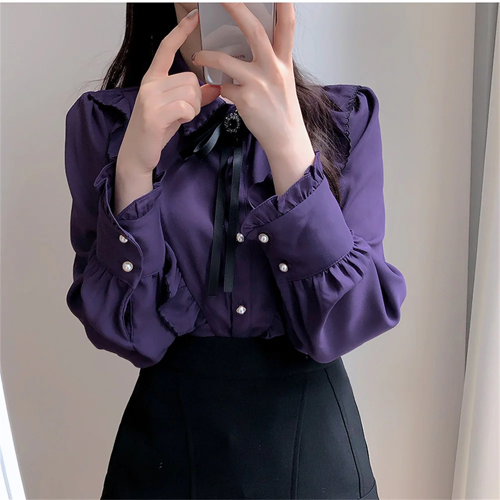

Alien Kitty Sweet Pearl Button Bow Ruffles Plus Size Shirts New 2021 Full Sleeve Chic Women Elegant Hot Office Lady Femme Tops