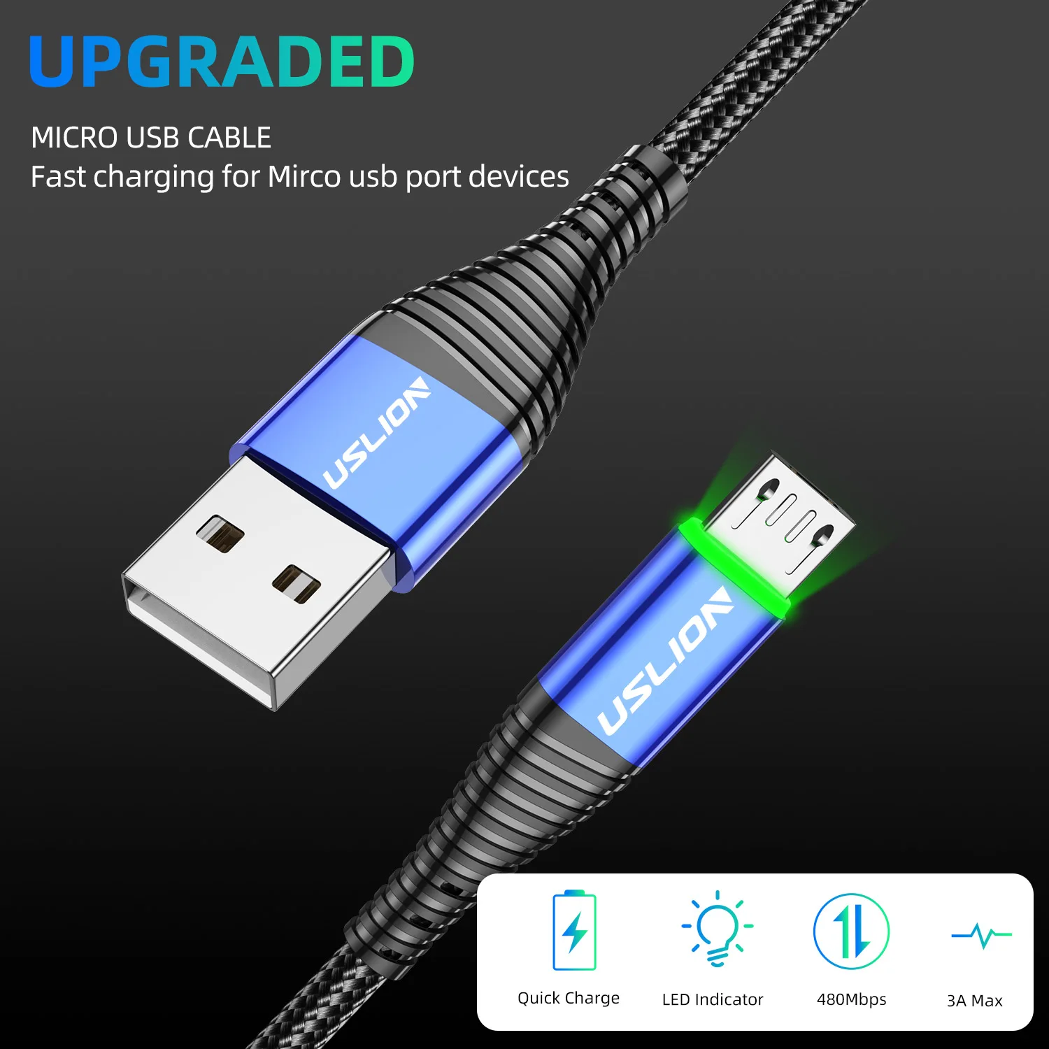 Светодиодный Micro USB кабель USLION для быстрой зарядки Samsung Xiaomi QC 3 0 Android передачи