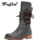Fujin 2020 новые зимние ботинки женские ботинки в стиле ретро кожаные ботинки Винтажные ботинки до середины икры на шнуровке с заклепками zapato качественные кожаные ботинки
