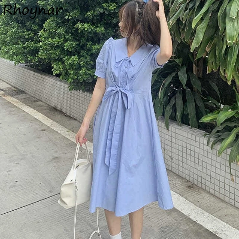 

Short Sleeve Dress Womens Summer Chic Simple Leisure Ladies Sweet Daily Bow Solid Elegant Fashion Soft Korean Style Retro Tender