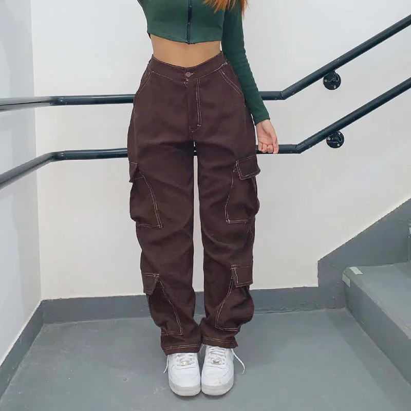 

WeiYao Streetwear Cargo Pants Brown Vintage 90s Baggy Mom Jeans Woman High Waist Hippie Harem Pant Casual Loose Denim Trousers