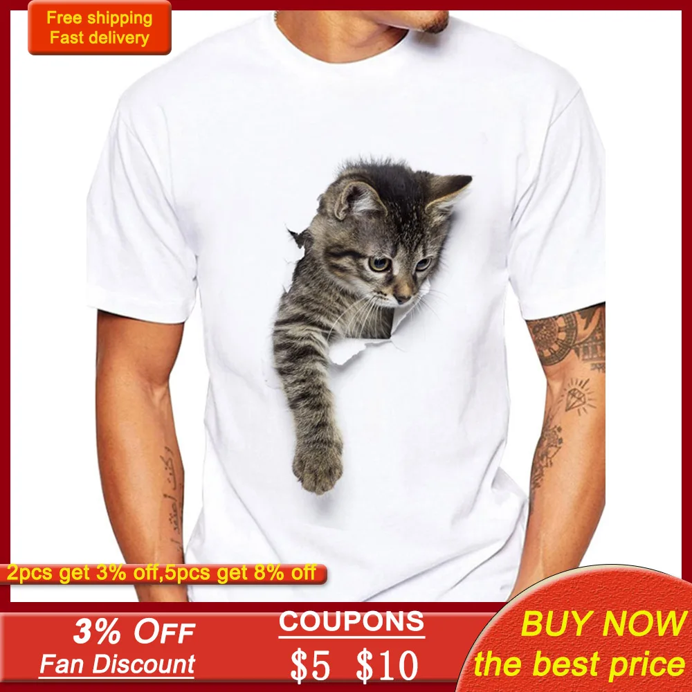 

3D Cat Printed Round Collar Short Sleeve T-shirt For Men Summer Fashion Causal Tops Plus Size 2xl 3xl Loose Tee White Tshirt