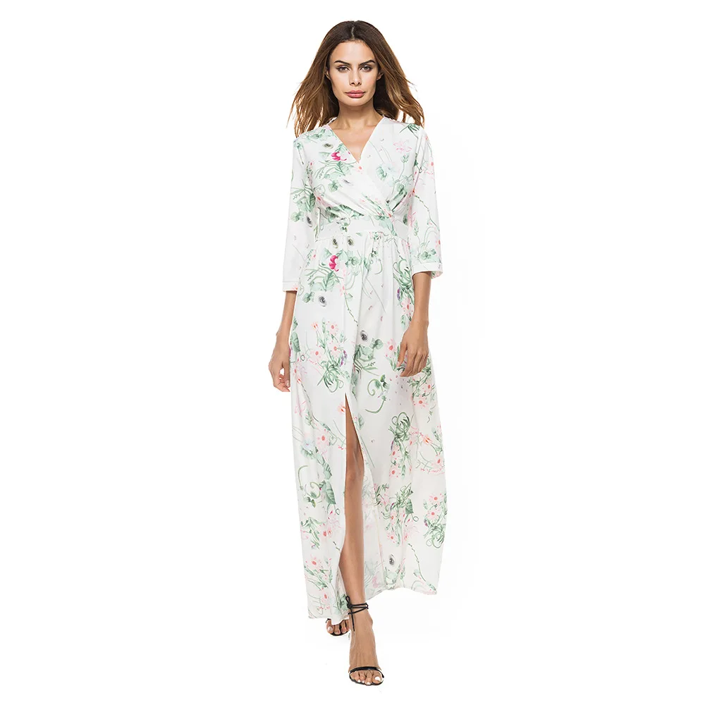 

NAKKESHMEN-2021 Spring New Hot-selling European and American Women's Dress Print Sexy V Collar Open Fork Long Skirt