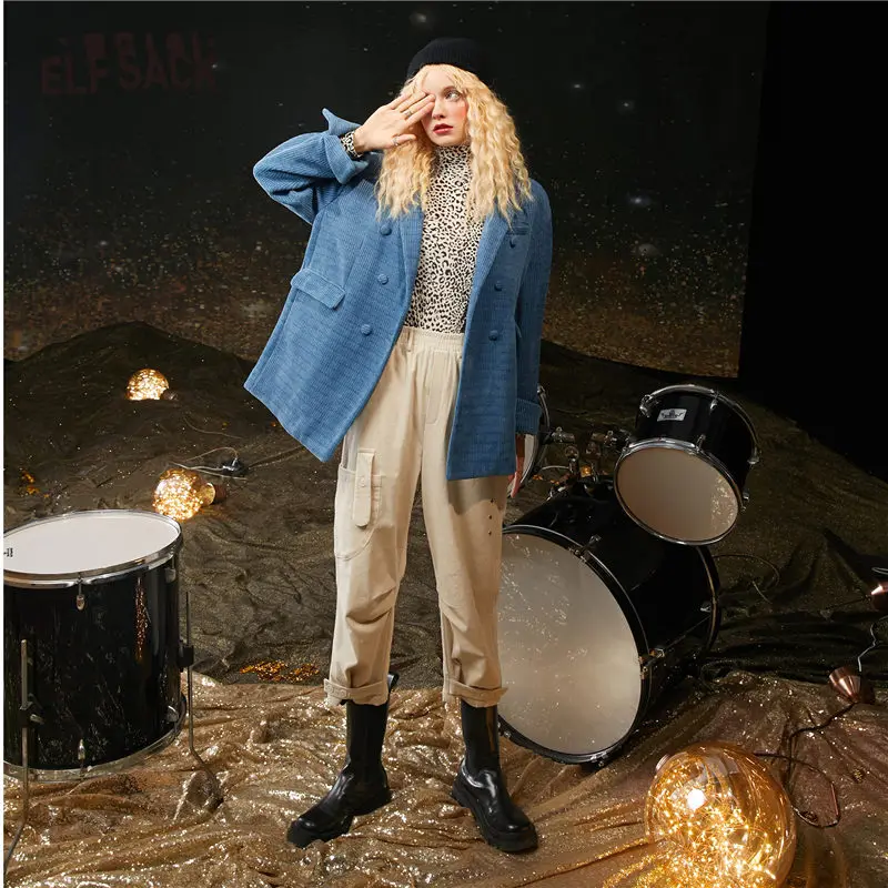 ELFSACK Solid Pure High Waist Casual Women Corduroy Trousers,2020 Autumn ELF Minimalist Korean Ladies Basic Daily Safari Bottom