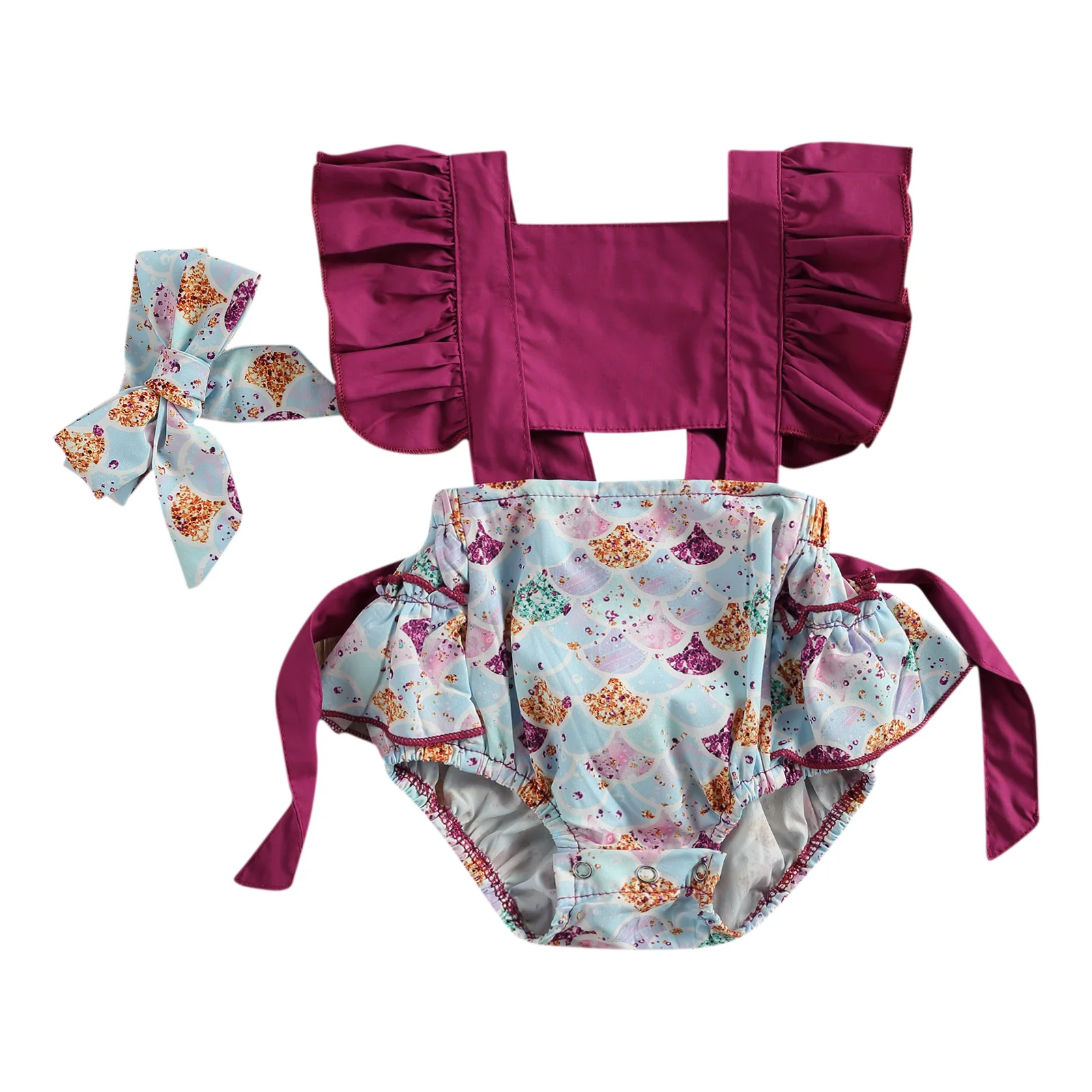 

Детский комбинезон с повязкой на голову, Летний комбинезон с квадратным вырезом и принтом русалки + повязка для волос для девочек от 0 до 24 ме...