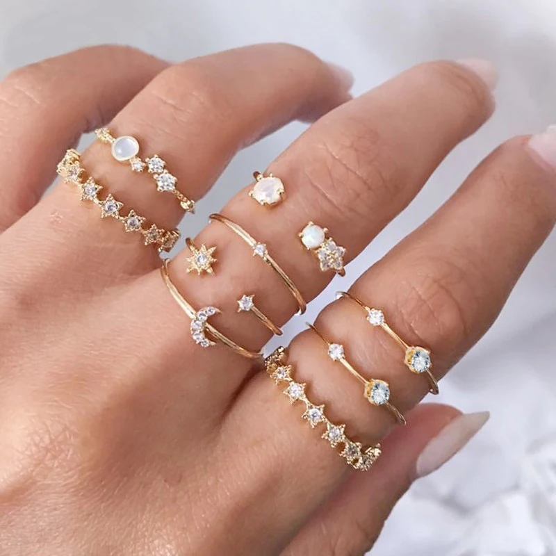 

9 Pcs/Set Women's Golden Crystal Opal Alloy Ring Set Bohemian Geometry Knuckle Ring Jewelry Party Gift