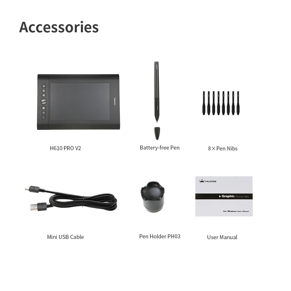 Huion графический планшет; USB планшет для рисования обновленный H610 PRO V2 Pad художественный цифровой почерк доска для рисования с безбатарейной ручкой