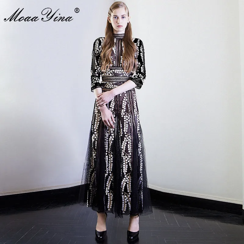 

MoaaYina Designer Runway Sexy Dress Spring Women 3/4 Sleeve Mesh Embroidery Hollow Out Patchwork Casual Holiday Vinage Dress