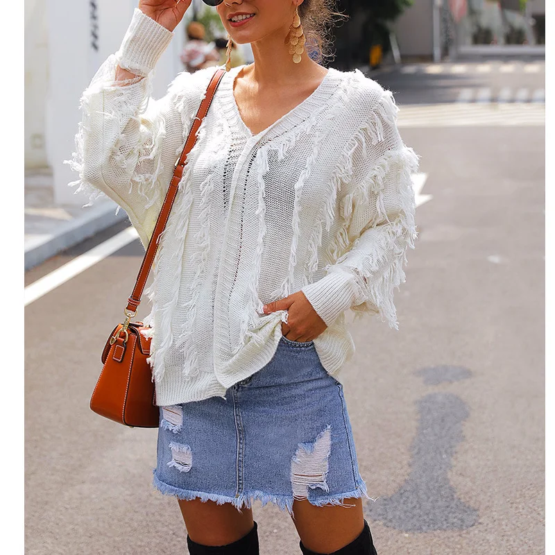 

Tassel Unique Loose Solid Pullover Casual Women Long Sleeve Knitted V-neck Sweater Tops Outwear Women New Fashion Autumn Clothes