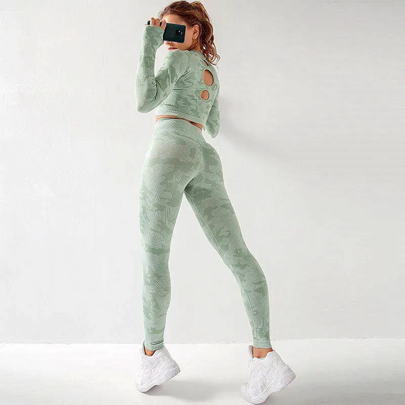 Камуфляжный комплект для йоги женские бесшовные топы фитнеса и спортивная