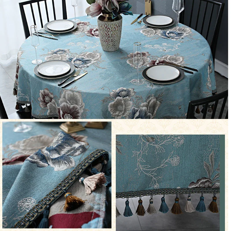 

European Dining Tablecloth Round Table 120 200 Tea Table Cover Cloth Thick Floral Luxury Center 3D Jacquard Tassels Soft Home