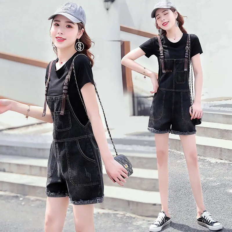

Women Summer Korean Preppy Style Jumpsuit Denim Overalls Casual Girls Black Jeans Shorts Women's Jeans Summer Large Size D195