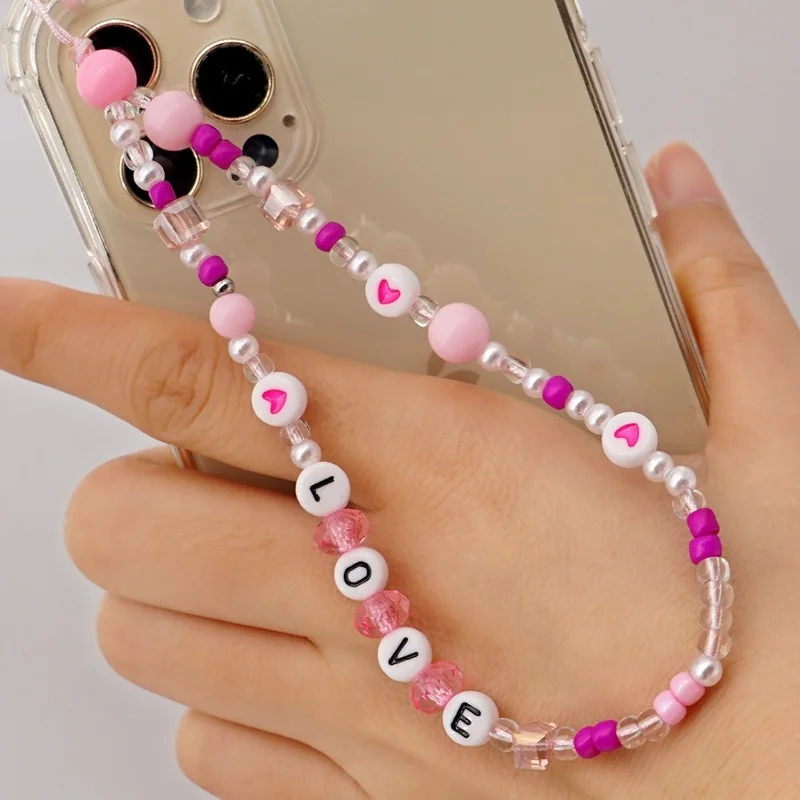 Boho Mobile Phone Chain Strap Beaded Female Imitation Pearl Letters Smiley Face Beads Black White Anti-lost Cellphone Lanyard |