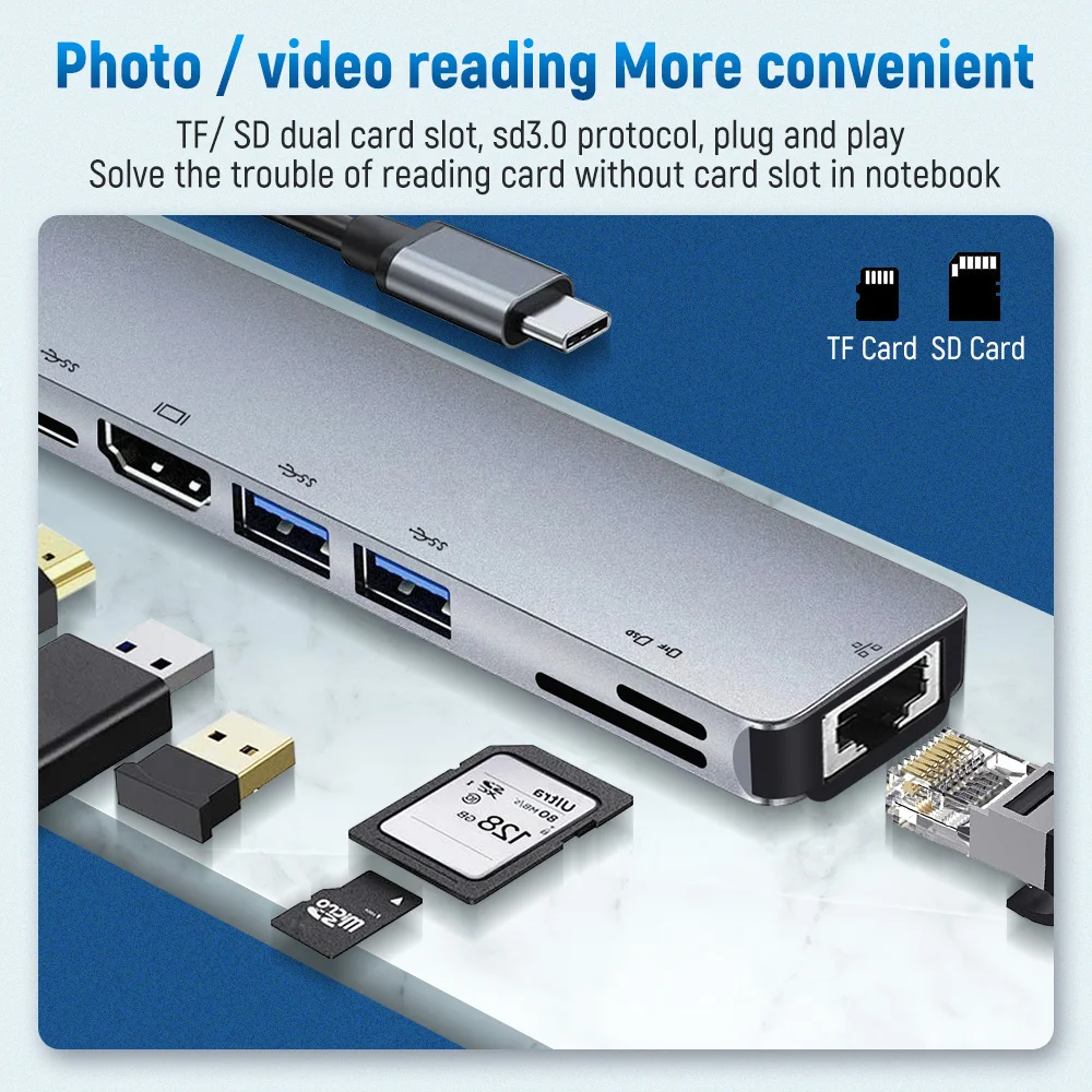 8 в 1 Алюминий сплав USB-C концентратор к HDMI-Совместимость + PD кабель для зарядки RJ45