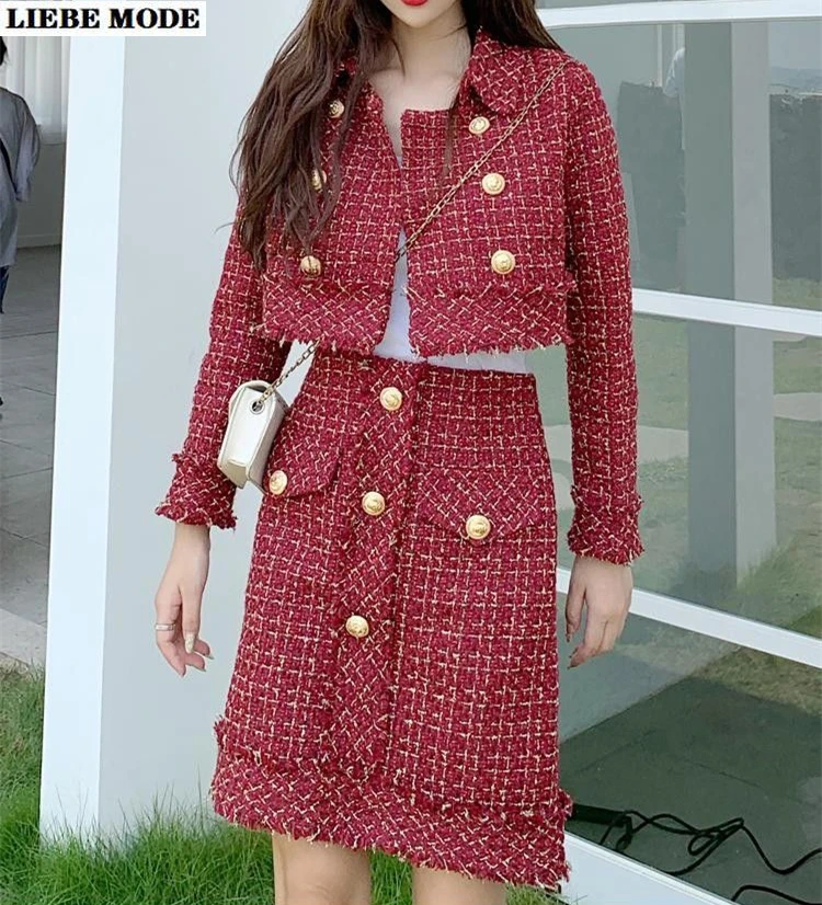 

Female Elegant Skirt Suits Autumn Winter Tweed 2 Two Piece Set Women Crop Tops Outfits Short Jacket Coat and Mini Skirt Set