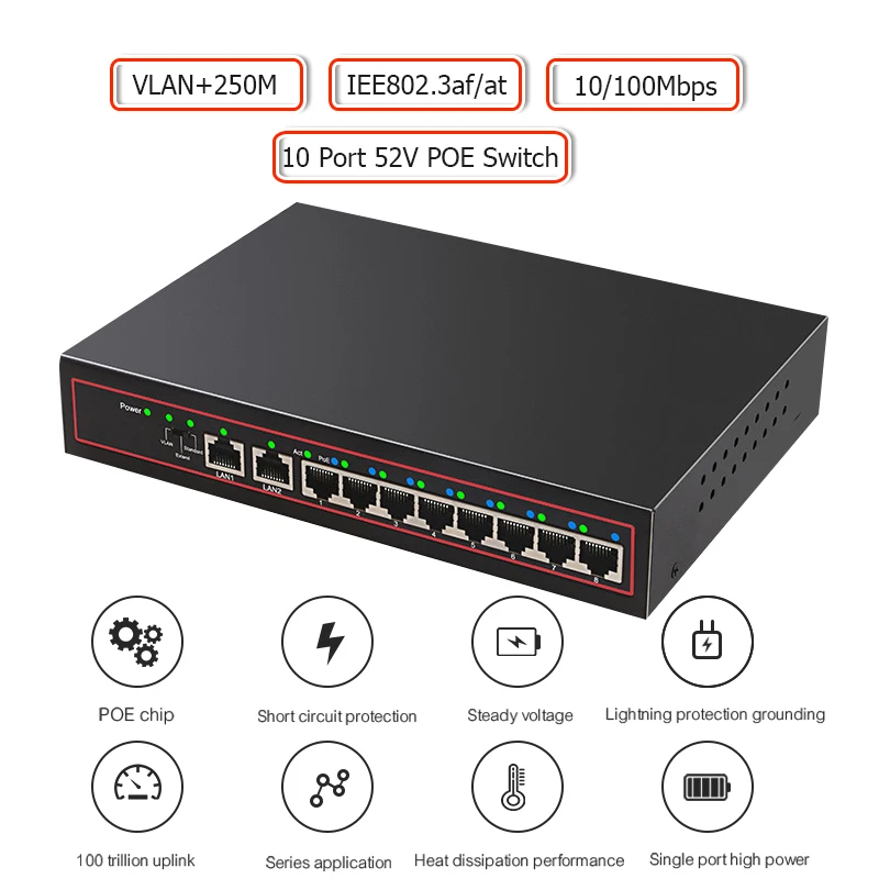 Коммутатор Ethernet POE 10 портов 52 в VLAN 10/100 Мбит/с IEEE 802.3af/at сетевой переключатель для ip