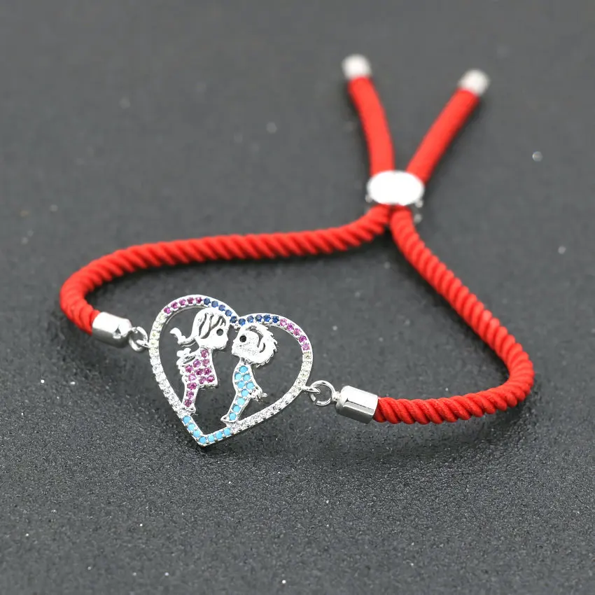 Романтический браслет для пары серебристый циркониевый любящее сердце