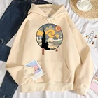 Женская толстовка с капюшоном Starry Ukiyo-e, модная уличная одежда, Осенние флисовые Свободные толстовки с круглым вырезом и карманами, женские топы с капюшоном