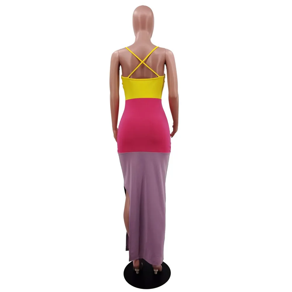 

Contrast Color Patchwork Summer Long Party Dress Elegant Spaghetti Strap Sleeveless Vestidos Sexy Side High Split Sundress New
