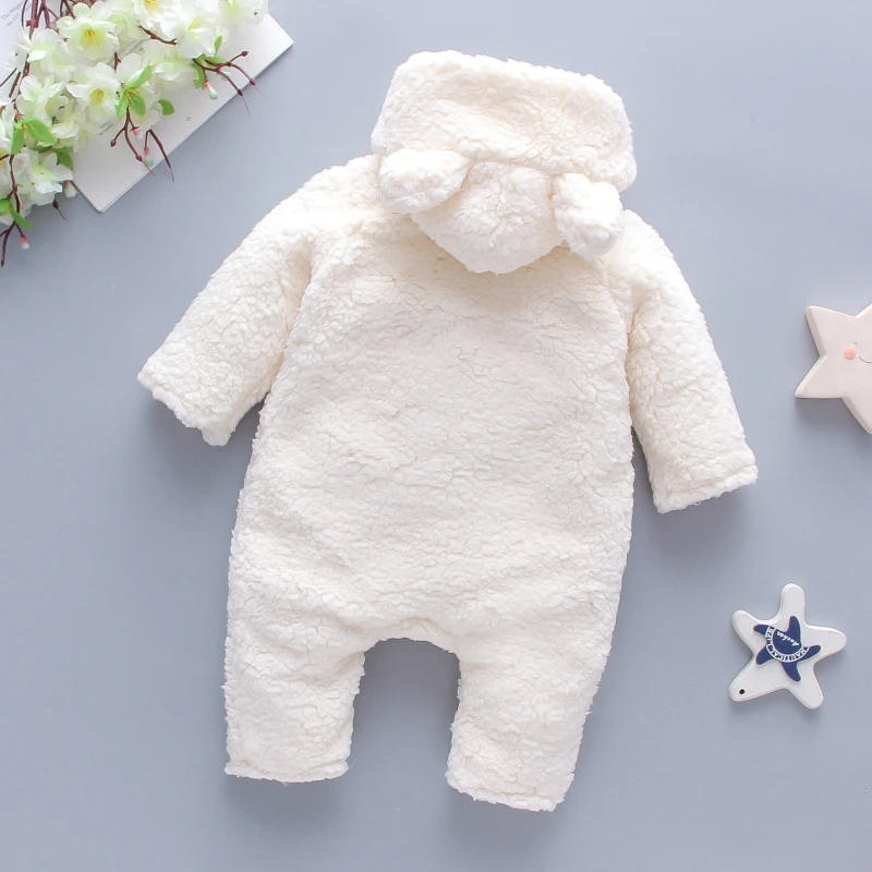 

Infant Jumpsuit Winter New Lamb Hair Cartoon Bear Embroidery Thick Hooded Climbing Climber Brown 90-120 Size