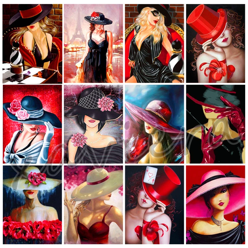 

Xaviera 5D Diy Diamond Painting Sexy Woman Hat Lady Full Square Round Drill Rhinestones Cross Stitch Kits Home Decor Living Room