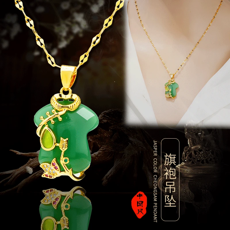 

Natural Green Chalcedony Hand-carved Cheongsam Pendant Fashion Boutique Jewelry Men and Women Green Agate Necklace Popular Gifts
