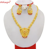 adixyn dubai red semi precious stone necklace earrings jewelry set for women 24k gold color african france jewellry n02214