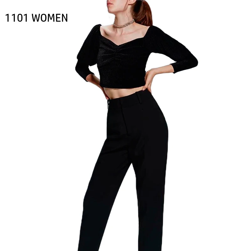 ZA новая весенняя женская футболка черная с v-образным вырезом рукава фонарики