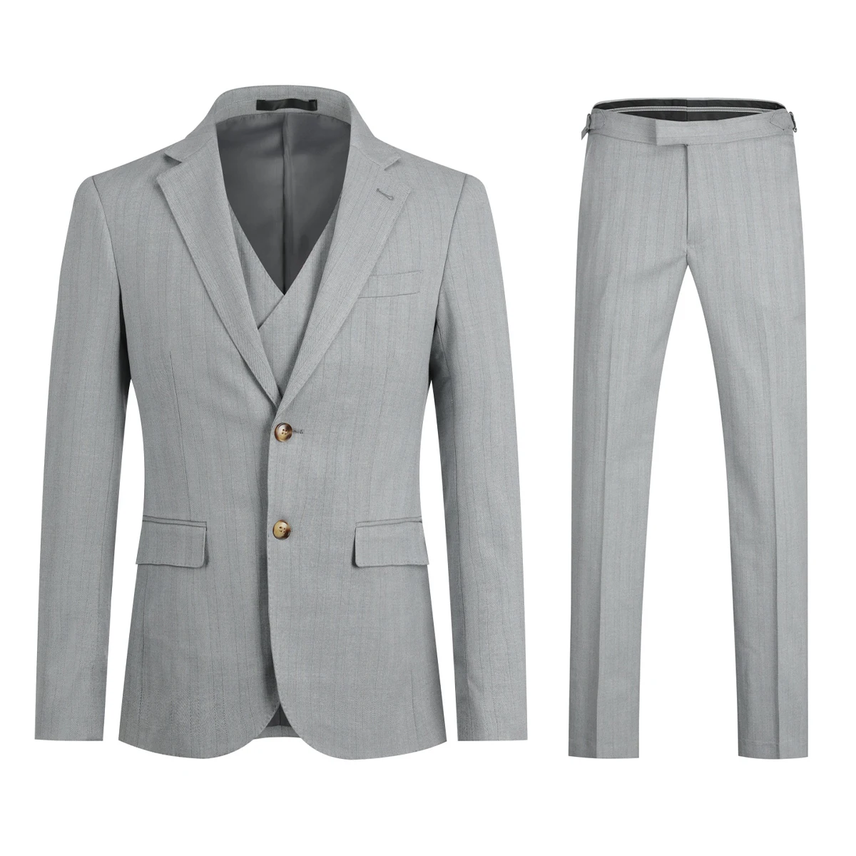

Новый дизайн мужского делового костюма yunклома из трех частей красивый серый полосатый принт зрелый удобный модный приталенный с двумя кно...
