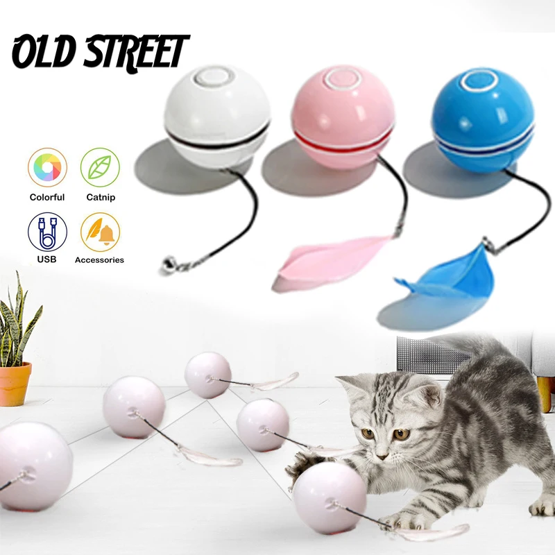 

Smart interactive cat toy with colorful LED auto-rotating ball with Catnip bell and feather toy