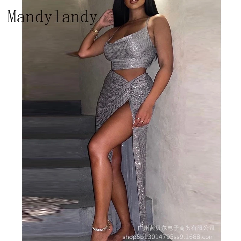 

Mandylandy Sexy Women's Sequined Slim Solid Color Suit Summer High Waist Slit Irregular Skirt Spaghetti Strap Strapless Top Suit