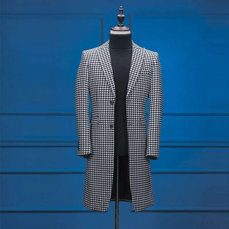 

New Arrival TPSAADE 2020 Black White Houndstooth Tailored Fit Tweed Long Suit Only Blazer Tweed Peak Lapel Two Buttons Tuxedos