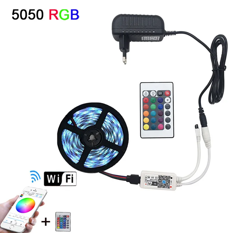 5 м 10 м 15 м WiFi светодиодный светильник RGB водонепроницаемый SMD 5050 2835 12 В 12 В rgb диод гибкая лента Wi-Fi адаптер+ разъем адаптера - Испускаемый цвет: 5050-WiFi Controller
