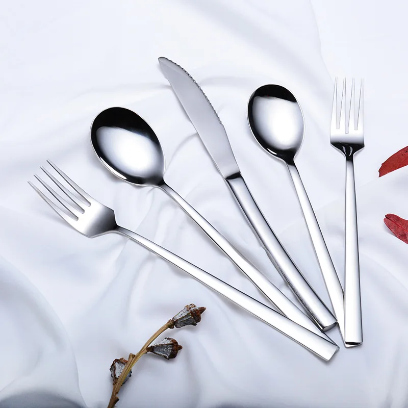 

304 Stainless Steel Dinnerware Sets Glossy Silver Wooden Tableware Western Food Knife Fork Teaspoon Cutleries Gift