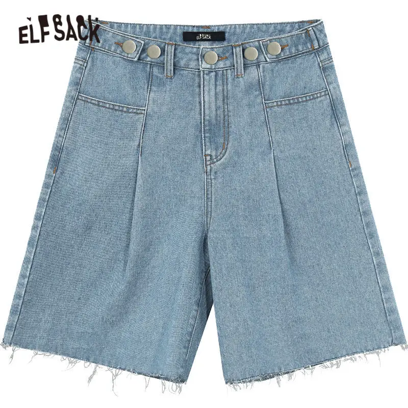

Elfsack Blue Solid High Waist Wide Leg Women Denim Shorts 2021 Summer Elf White Pure Korean Ladies Daily Bemuda Bottoms