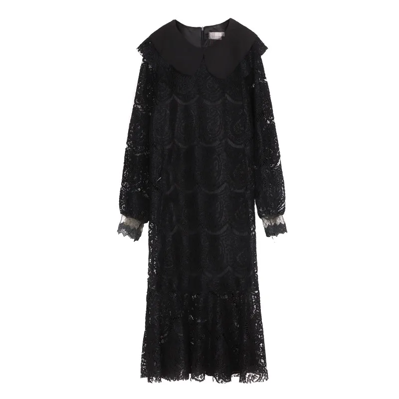 

New Spring Summer Women Chic Peter Pan Collar Lace Dress Casual Sweet Lantern Sleeve Hollow Out Vintage Trumpet Lady Long Dress