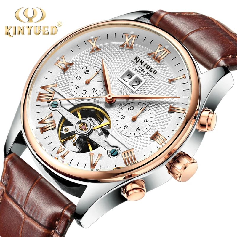 Часы KINYUED мужские механические цвета розового золота с кожаным ремешком|Мужские