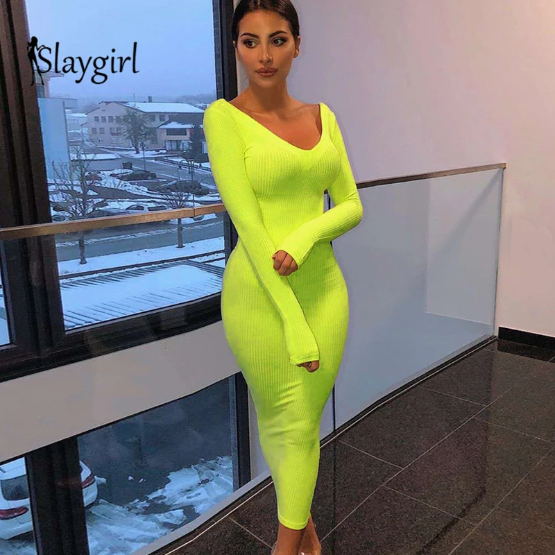 Slaygirl, платье бодикон с открытыми плечами и пуговицами, женское сексуальное зимнее платье без бретелек с длинным рукавом, Vestidos, Повседневное трикотажное платье