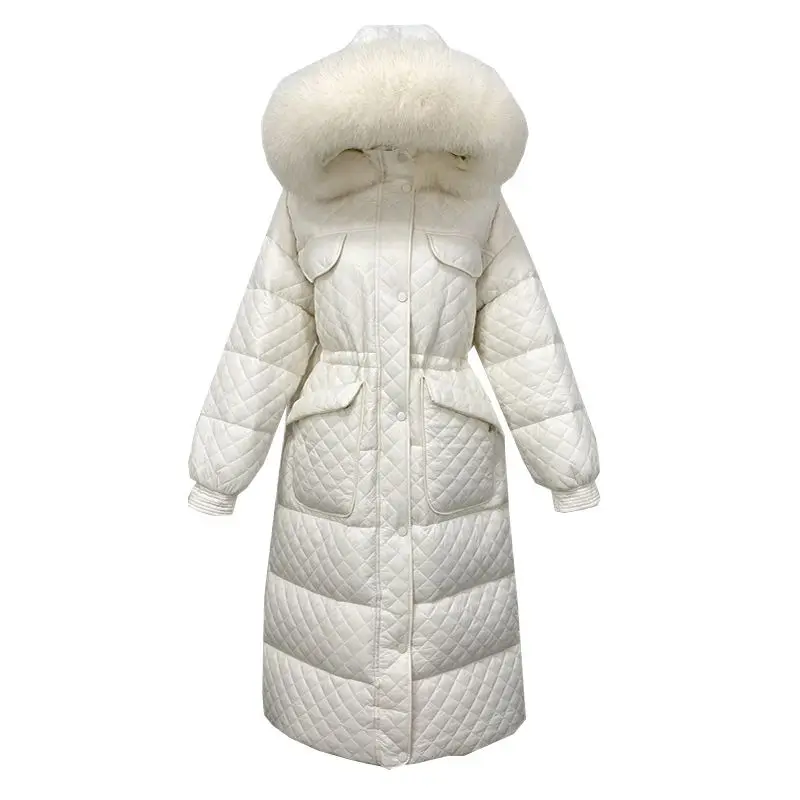 

Корейский женский зимний пуховик FAKUNTN с воротником из лисьего меха и стразами, длинная однотонная куртка на белом утином пуху, пальто